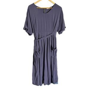 Roolee Slate Dark Blue Tie Waist Short Sleeve Shift Dress Pockets Size XL